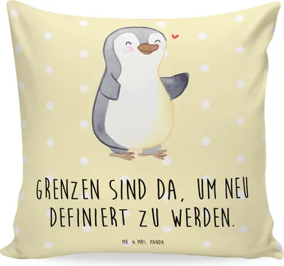 Produktbild von Mr. & Mrs. Panda kissen für sofa Pinguin Amputation - Gelb Pastell - Geschenk, Kuschel, 40x40, Kuschelkissen, Sofakissen, Armamputation