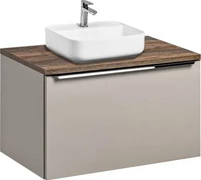 Produktbild von Waschtisch-Unterschrank Set 80cm in taupe mit Vintage Eiche PUEBLA-56-TAUPE Keramikbecken, 2 Softclose-Schubkästen, B/H/T 80,4/62,5/46 cm