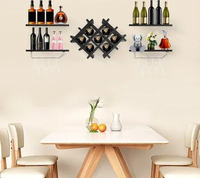 Produktbild von Famanu Weinregal - Wandmontiertes Weinregal mit 4 Ablagen und 2 Gläserhaltern - Schwarz