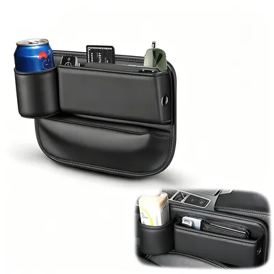 Produktbild von Auto Sitzlücken Organizer aus Kunstleder, Universal Gap Filler mit Getränkehalter & Stauraum für Mittelkonsole Schwarz