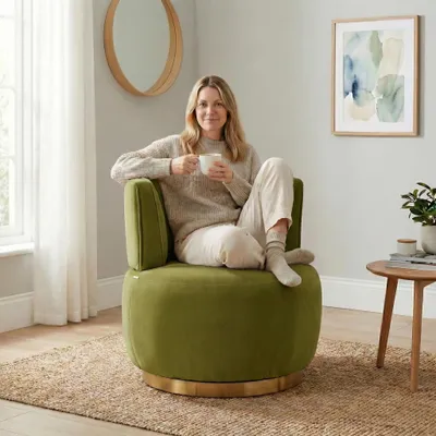 Produktbild von LVHOM Drehsessel mit Metallsockel, Relaxsessel Loungesessel Drehstuhl Wohnzimmer Sessel, Samtbezug Drehbarer Sessel Polstersessel, Olivgrün