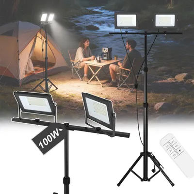 Image de Projecteur LED UISEBRT 2×100W double LED, lampe de chantier, boîtier en aluminium, éclairage de travail, projecteur, intensité variable, avec trépied réglable en hauteur et télécommande