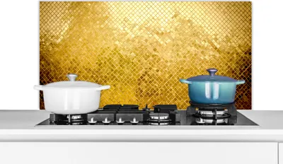 Produktbild von KitchenYeah®  Spritzschutz Küche - Küchenrückwand - Wandschutz für Herd und Spüle - Gold - Design - Abstrakt 100x50 - Alu-Dibond (Alternative zum Spritzschutz aus Glas) - Hitzebeständig - Herdspritzsc