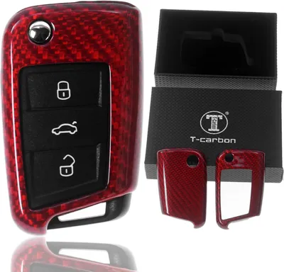 Produktbild von Auto Schlüssel Echt Carbon Schutz Hülle Hardcover Rot kompatibel mit VW Polo 6R 6C AW Golf AU Jetta VI Klappschlüssel