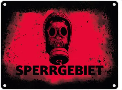 Produktbild von Sperrgebiet Metallschild in 15x20 cm mit Gasmaskenmotiv in rot