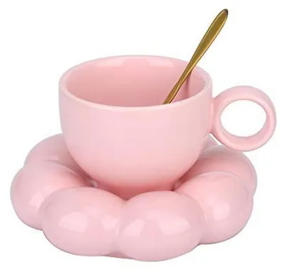 Immagine prodotto di Set di tazze da caffè in Vetroceramica con piattino e cucchiaino, colore rosa, capacità 200 ml