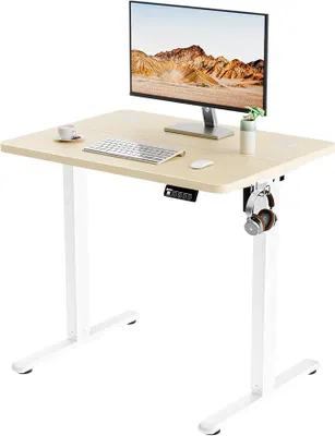 Productafbeelding van Verstelbaar bureau, elektrisch, 80x60 cm, eikenhout | Ergonomisch bureau, studiebureau en gaming bureau met geheugenfunctie, verstelbaar sta bureau met splitplaat, geschikt voor thuiswerken