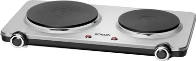 A Bomann double electric hot plate with silver stainless steel casing and black heating elements and controls.