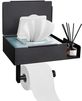 Produktbild von Toiletrolhalter aus Edelstahl mit feuchten Tuchfach, selbstklebend, schwarz