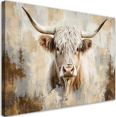 Image de Toile imprimée Vache écossaise Beige Or 90x60 Feeby Beige image pour le mur prête à accrocher