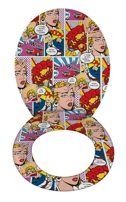 A toilet seat cover with a pop-art comic book design.
