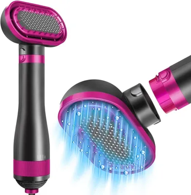 A pet grooming tool with a brush head and a handle, shown from two angles. One angle shows the brush head with blue light and water droplets, suggesting a drying or cleaning function. The other angle shows the handle and the brush head detached.