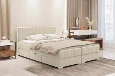 Produktbild von MEBLINI Boxspringbett mit Bettkasten - Gepolstert Doppelbett mit Matratze und Topper - Polsterbett mit Stauraum - Bett mit Kopfteil - Stauraumbett - PIAF - 180x200 - H3B/Creme Samt