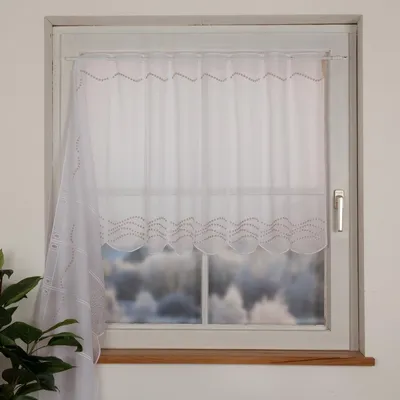 Produktbild von Scheibengardinen Stoff Meterware nähfrei Stickerei weiß beige 70cm