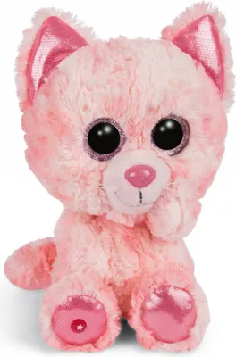 A pink plush cat toy with large glittery eyes sits on a white background.