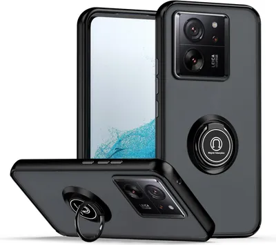 A black phone case with a ring holder is displayed from multiple angles against a white background.