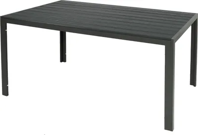 A dark gray rectangular outdoor dining table with a slatted top and dark gray metal legs, shown against a white background.