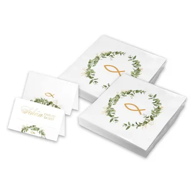 Produktbild von itenga 40x Servietten mit 48x Tischkarten Set - Fisch - Eukalyptus Kranz - Weiß