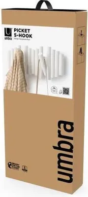 Immagine prodotto di Umbra Garderobenleiste Picket mit 5 Haken, Wandgarderobe, Kiefernholz, Weiß, 38 x 16.5 cm, 1011471-660