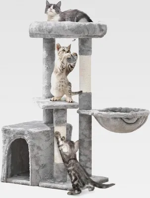 Produktbild von Kratzbaum 87 cm Katzenbaum Kletterbaum, mit Aussichtsplattform Liegemulde Katzenhöhle Sisalstämme Hellgrau
