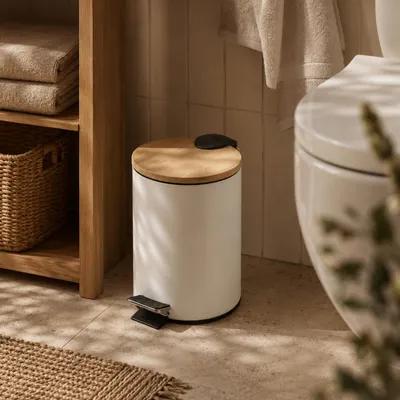 Image de Poubelle de salle de bains en bambou ZETRU, 3 l, blanc