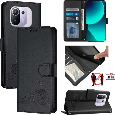 Obrázek produktu pro Kožené pouzdro pro Xiaomi Mi 11 Pro, sladká kočka Flip pouzdro s funkcí stojánku a peněženkou černé