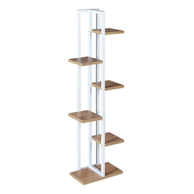 A tall, narrow plant stand with six shelves, made of white metal and wood-look shelves.