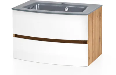Produktbild von Waschtisch Badschrank Badtisch Waschbecken "Kopenhagen II" Wotaneiche, Matt Weiß