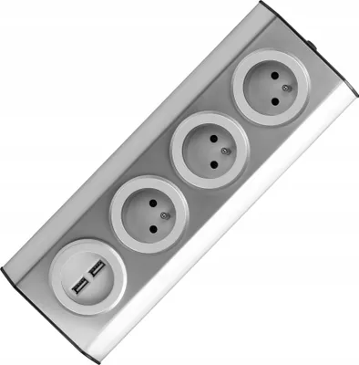 A silver and gray power strip with multiple outlets and USB ports, shown against a white background.