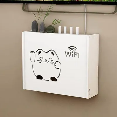 Imagen del producto de Estante portátil para router WiFi con soporte multimedia, color blanco, para montaje en pared, con función de decodificador de 2 puertos