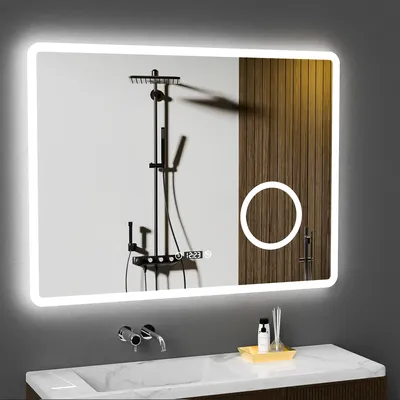 Produktbild von GIMBELEN LED Badezimmer Spiegel mit Uhr, 3 Lichtfarben, Dimmbar, 3-facher Vergrößerung, Anti-Beschlag, Speicherfunktion, IP44 wasserdicht, 80 x 60 cm