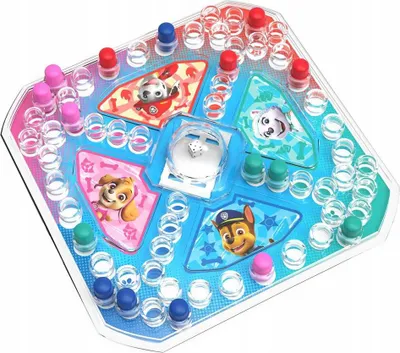 A Paw Patrol board game with colorful pawns and character images.
