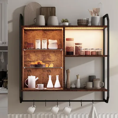 Produktbild von Puluomis Verstellbare Wandregal mit 6 Ablagen, 83x20x80cm, Holz Metall Hängeregal, RGB-LED-Lichter, Glas-Schweberegal, mit Hängestange Braun Schwarz