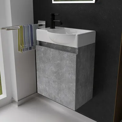 Produktbild von Alpenberger Gäste WC Waschbecken mit Unterschrank | Kleines Badmöbel 45 cm Breit | Waschtisch mit Waschbeckenunterschrank (Cement, Waschbecken - Rechte Seite)