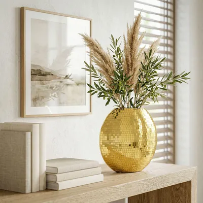 Obrázok produktu pre FineBuy Stolová váza z kovu, 40 cm, zlatá, dekoratívna váza, mozaiková, okrúhla, moderná váza, dekorácia do obývačky, dizajnová váza, plochá, stolová dekorácia, ručná výroba