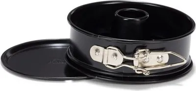A black cake pan with a removable bottom and a central tube, shown on a white background.