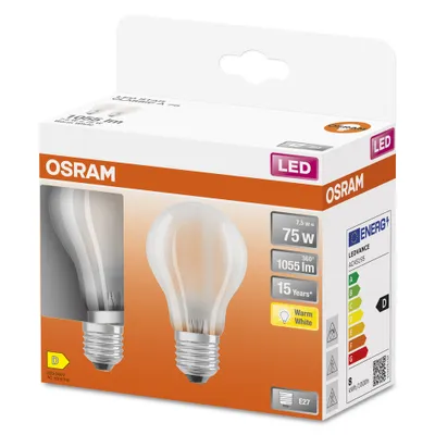 Obrázok produktu pre Žiarovky OSRAM LED, klasický tvar žiarovky, náhrada 75 W, E27, tvar A, 2700 Kelvinov, teplá biela, číre sklo, 2 balenia