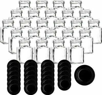 Produktbild von gouveo 24er Set Einmachgläser 150 ml eckig Schraubverschluss schwarz - Kleines Vorratsglas mit Deckel für Gewürze, Marmelade