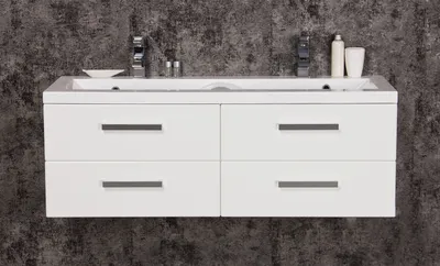 Produktbild von Quentis Doppelwaschplatz Genua, Breite 120 cm, weiß, 4 Schubladen, Waschbeckenunterschrank aufgebaut
