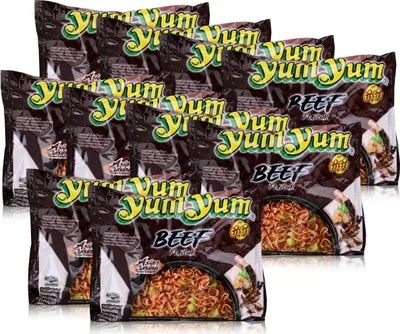A group of Yum Yum instant noodle packages, specifically beef flavor, arranged in a staggered formation against a white background.