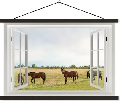 Produktbild von MuchoWow® Textilposter Aussicht - Pferde - Gras 90x60 cm mit schwarzem Rahmen - Aufhängungssatz