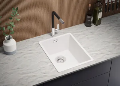 Produktbild von PRIMAGRAN Spülbecken Weiß 36x47cm, Granitspüle 1 Becken + Ablauf-Set, Küchenspüle ab 40er Unterschrank - London Slim