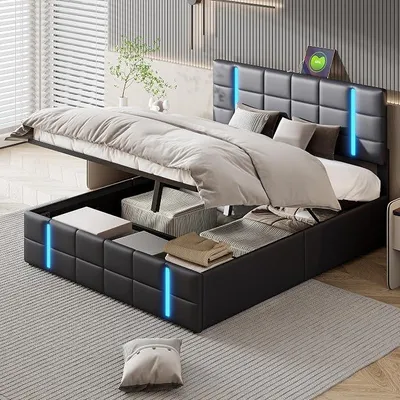 Immagine prodotto di Letto imbottito 160x200 cm con spazio contenitore e illuminazione LED, struttura con sistema di sollevamento idraulico, presa USB, imbottitura, colore nero, rivestito in ecopelle, senza materasso