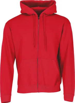 A red hooded jacket with a zipper and pockets, shown front-on against a white background.