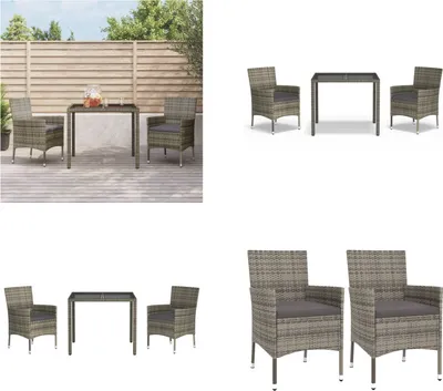 Produktbild von vidaXL 3 tlg. Garten Essgruppe mit Kissen Grau Poly Rattan - Garten Essgruppe - Garten Essgruppen - Essgruppe - Essgruppe Terrasse