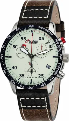 A close-up, studio shot of a men's chronograph watch with a white dial, black and brown leather strap, and silver-tone case.