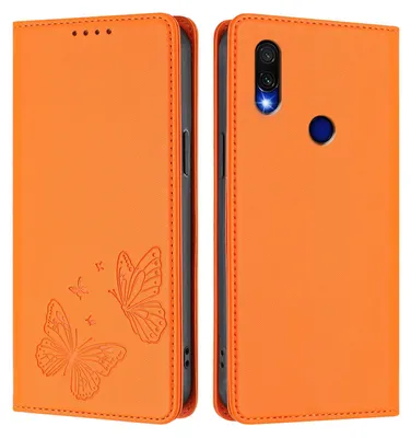 Obrázek produktu pro Kožené pouzdro pro Xiaomi Redmi 7, motýlí ražbou, peněženkové flip pouzdro se stojánkem Oranžová