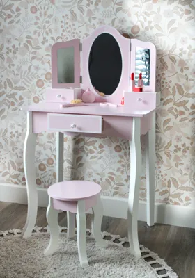 Produktbild von Rijoka Kinder Schminktische aus Holz mit Hocker – Make-up-Kommode – 3x Spiegel – Schminkkommode – 60x39x106 cm – Weiß und Rosa