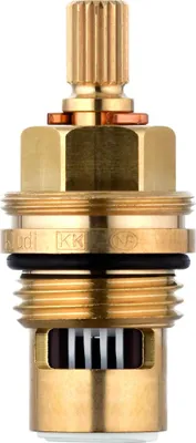 A close-up studio shot of a brass valve cartridge.