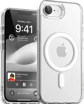 A clear iPhone case with MagSafe is shown next to an iPhone displaying its lock screen.
